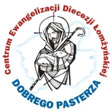 W okręgu szkic postaci Jezusa Chrystusa z Barankiem na rękach, a dookoła napis Centrum Ewangelizacji Diecezji Łomżyńskiej DOBREGO PASTERZA